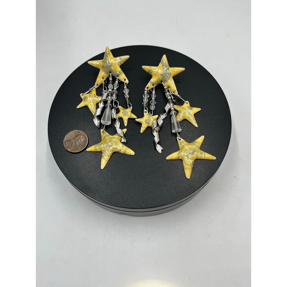 Lunch At The Ritz Vintage Earrings Golden Glitter Stars Moon Signed Designer 86 - Picture 2 of 12